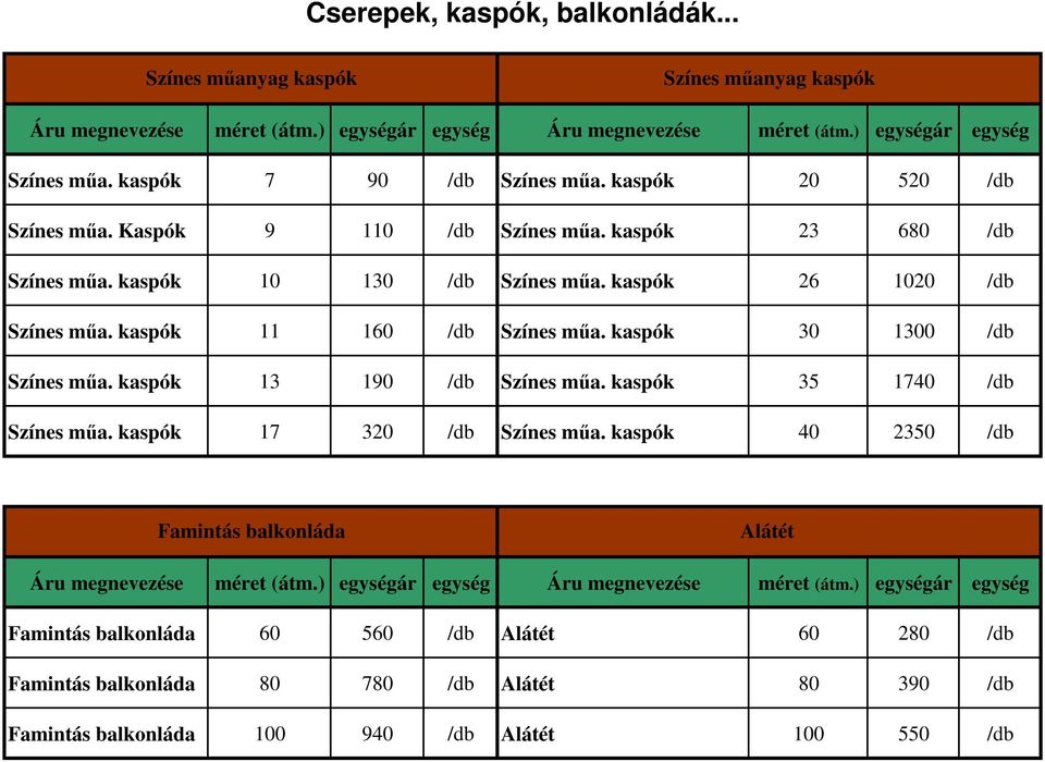 kaspók 30 1300 /db Színes műa. kaspók 13 190 /db Színes műa. kaspók 35 1740 /db Színes műa. kaspók 17 320 /db Színes műa.