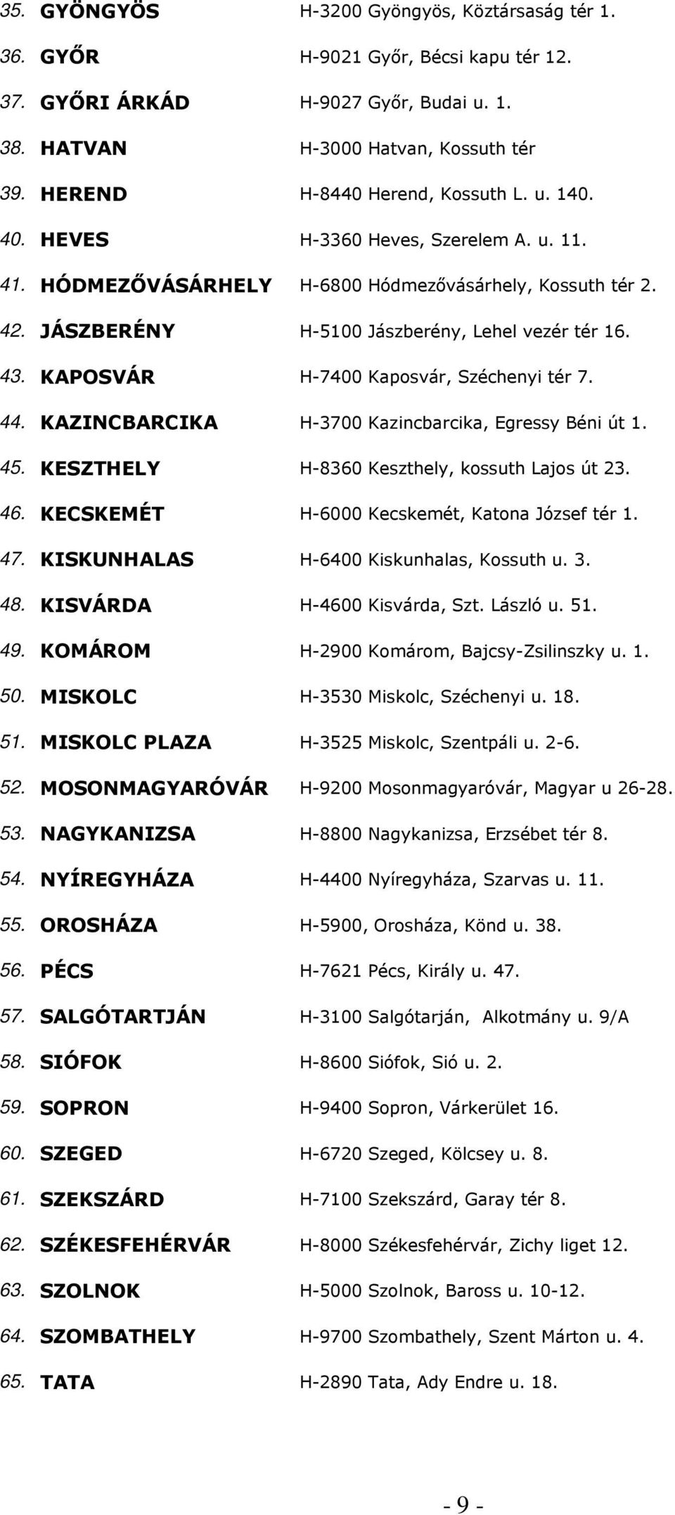 43. KAPOSVÁR H-7400 Kaposvár, Széchenyi tér 7. 44. KAZINCBARCIKA H-3700 Kazincbarcika, Egressy Béni út 1. 45. KESZTHELY H-8360 Keszthely, kossuth Lajos út 23. 46.