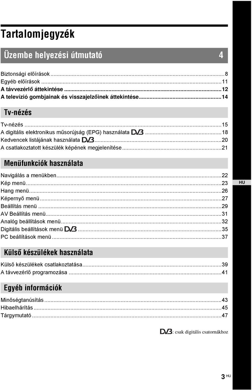 ..22 Kép menü...23 Hang menü...26 Képernyő menü...27 Beállítás menü...29 AV Beállítás menü...31 Analóg beállítások menü...32 Digitális beállítások menü...35 PC beállítások menü.