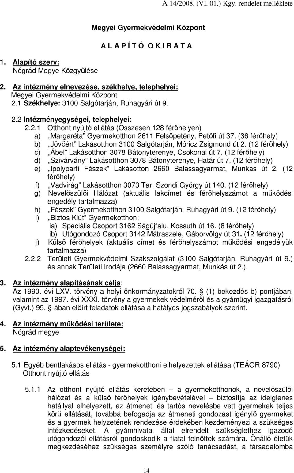 (36 férıhely) b) Jövıért Lakásotthon 3100 Salgótarján, Móricz Zsigmond út 2. (12 férıhely) c) Ábel Lakásotthon 3078, Csokonai út 7. (12 férıhely) d) Szivárvány Lakásotthon 3078, Határ út 7.