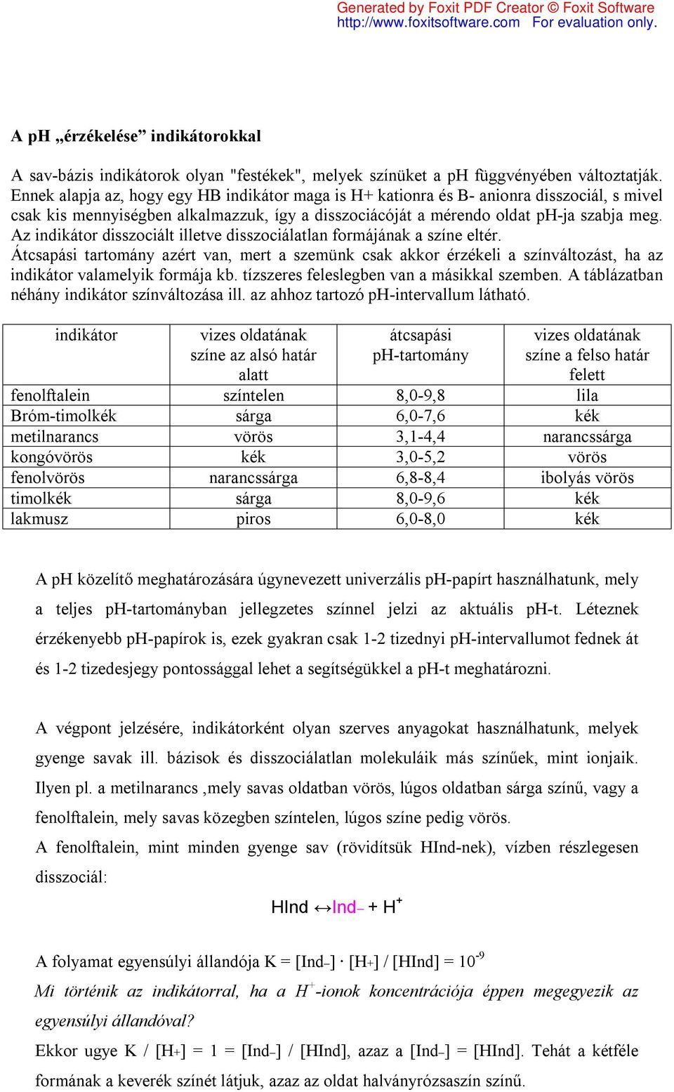 Az indikátor disszociált illetve disszociálatlan formájának a színe eltér. Átcsapási tartomány azért van, mert a szemünk csak akkor érzékeli a színváltozást, ha az indikátor valamelyik formája kb.