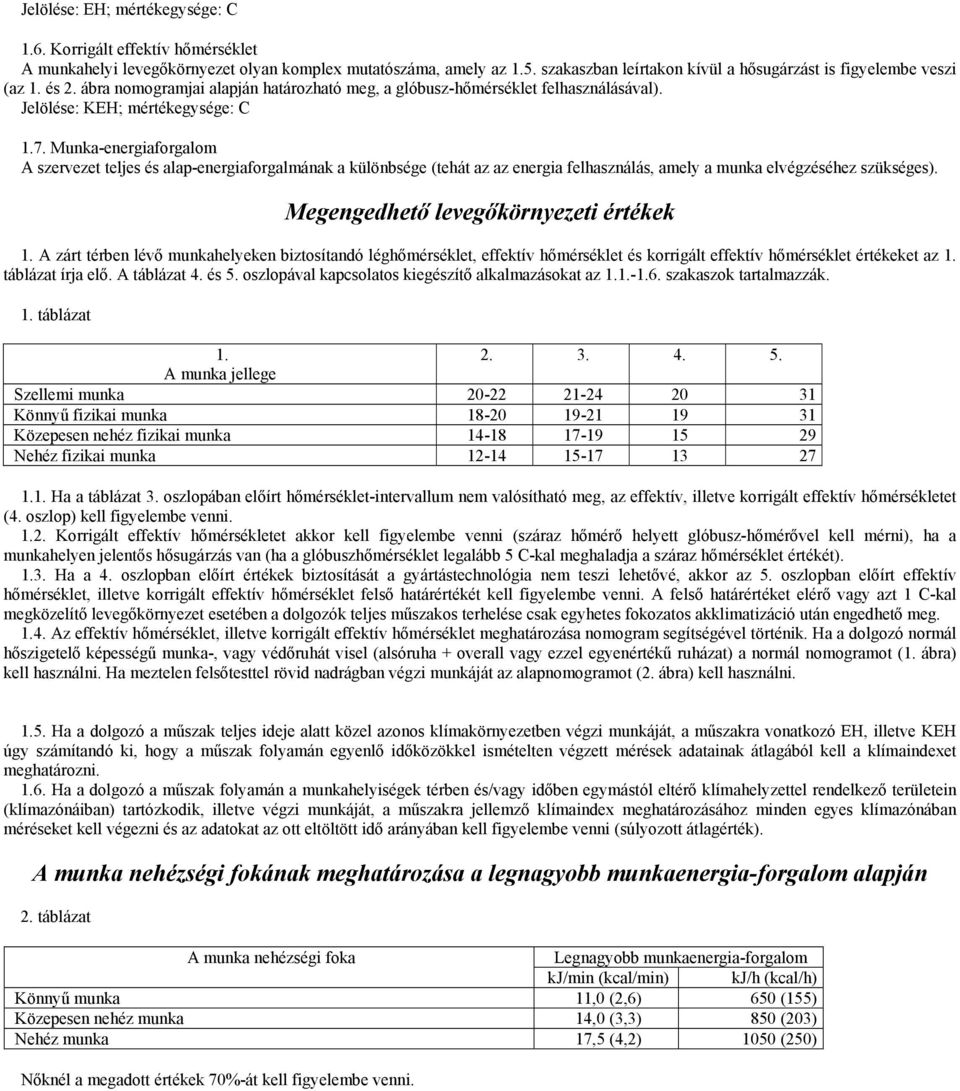 Munka-energiaforgalom A szervezet teljes és alap-energiaforgalmának a különbsége (tehát az az energia felhasználás, amely a munka elvégzéséhez szükséges). Megengedhető levegőkörnyezeti értékek 1.