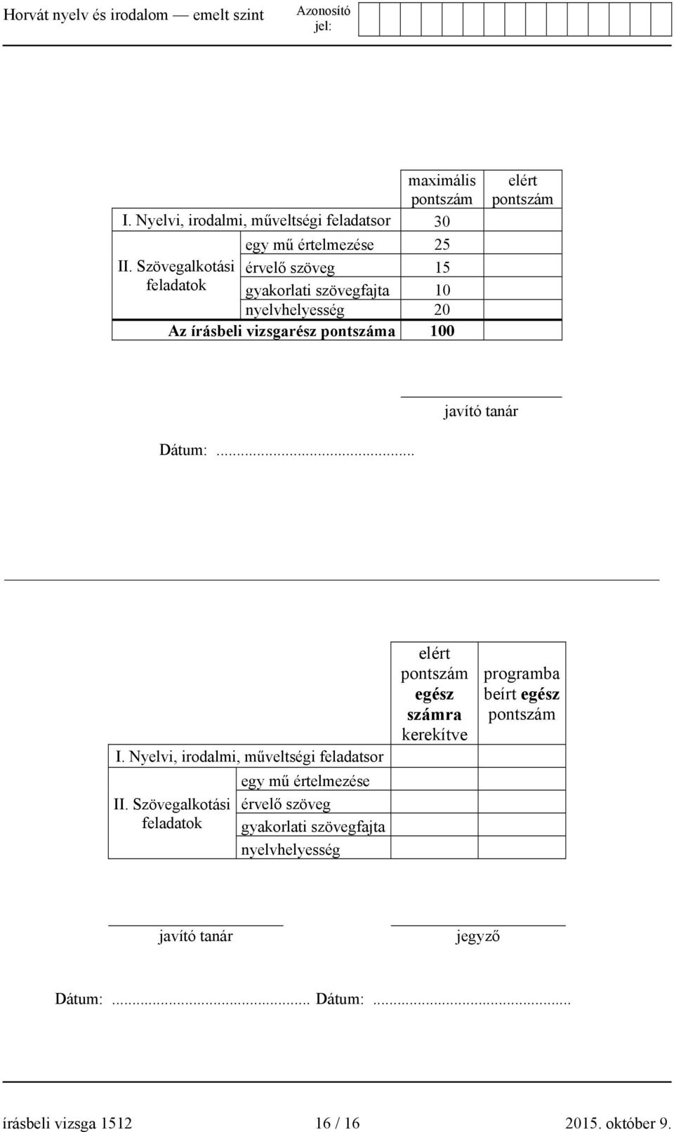 javító tanár Dátum:... I. Nyelvi, irodalmi, műveltségi feladatsor II.