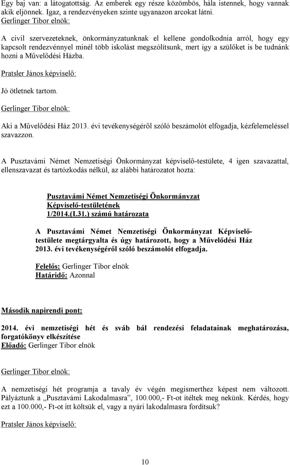 Jó ötletnek tartom. Aki a Művelődési Ház 2013. évi tevékenységéről szóló beszámolót elfogadja, kézfelemeléssel szavazzon.