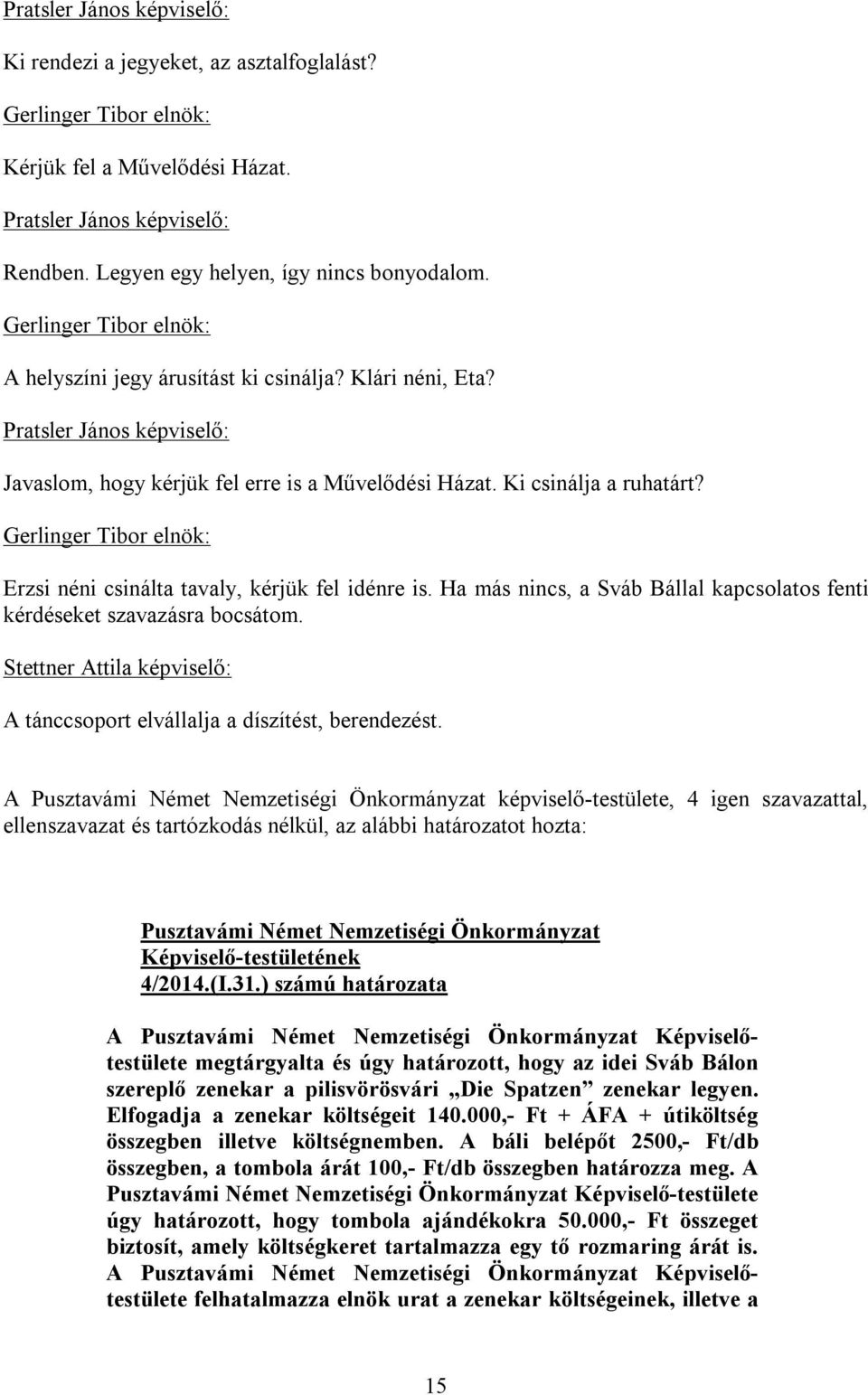 Ha más nincs, a Sváb Bállal kapcsolatos fenti kérdéseket szavazásra bocsátom. A tánccsoport elvállalja a díszítést, berendezést.