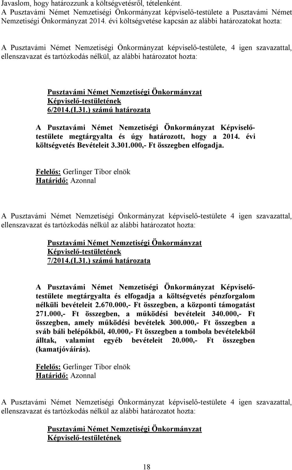 ) számú határozata megtárgyalta és úgy határozott, hogy a 2014. évi költségvetés Bevételeit 3.301.000,- Ft összegben elfogadja. Határidő: Azonnal A képviselő-testülete 4 igen szavazattal, 7/2014.(I.