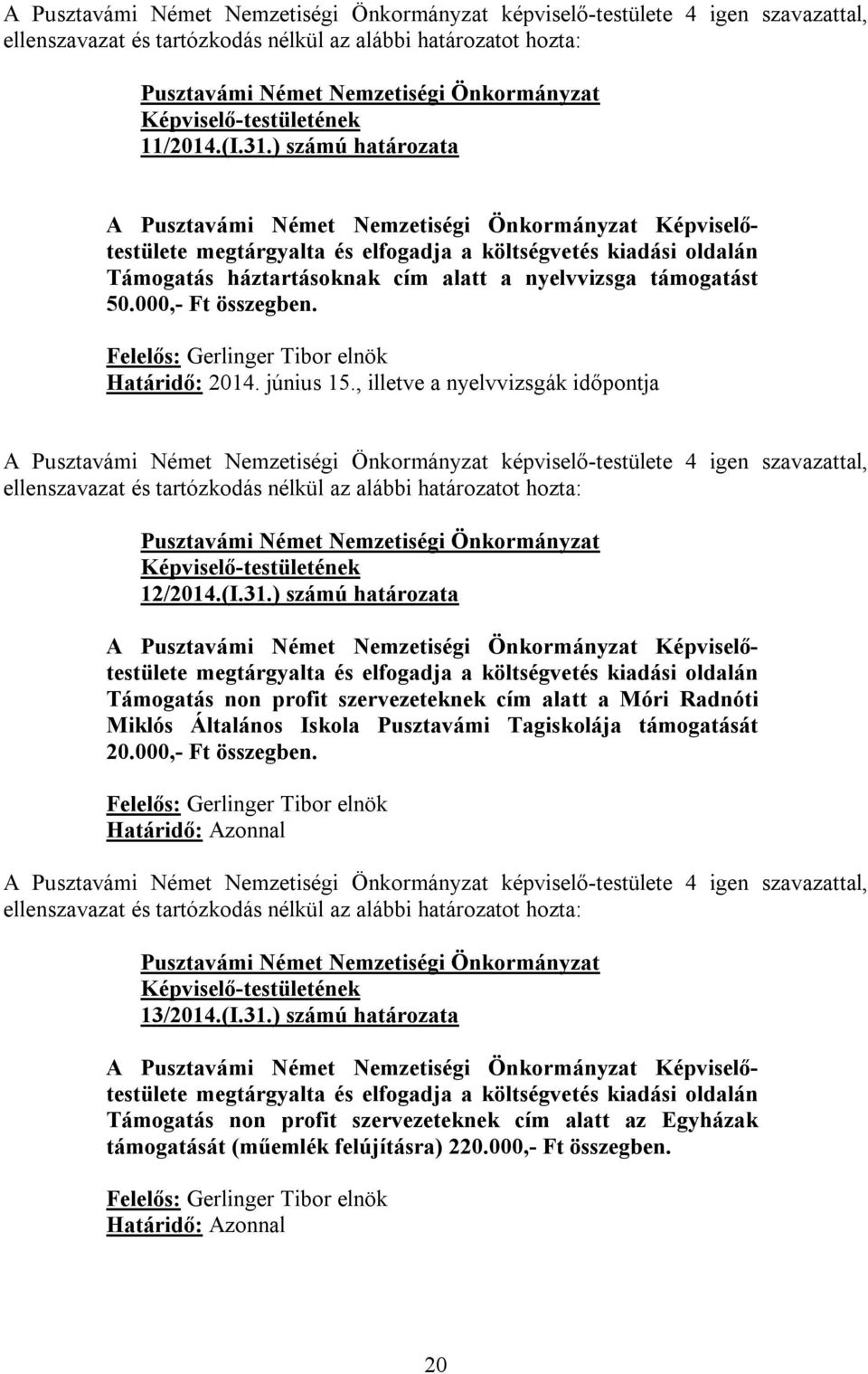 ) számú határozata megtárgyalta és elfogadja a költségvetés kiadási oldalán Támogatás non profit szervezeteknek cím alatt a Móri Radnóti Miklós Általános Iskola Pusztavámi Tagiskolája támogatását 20.