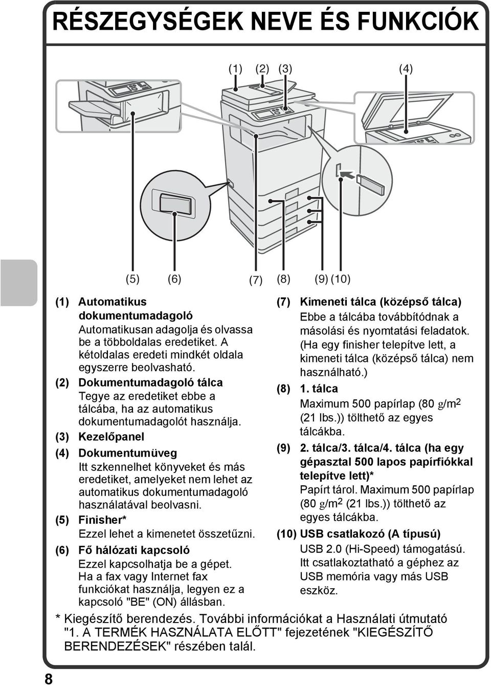 (3) Kezelőpanel (4) Dokumentumüveg Itt szkennelhet könyveket és más eredetiket, amelyeket nem lehet az automatikus dokumentumadagoló használatával beolvasni.