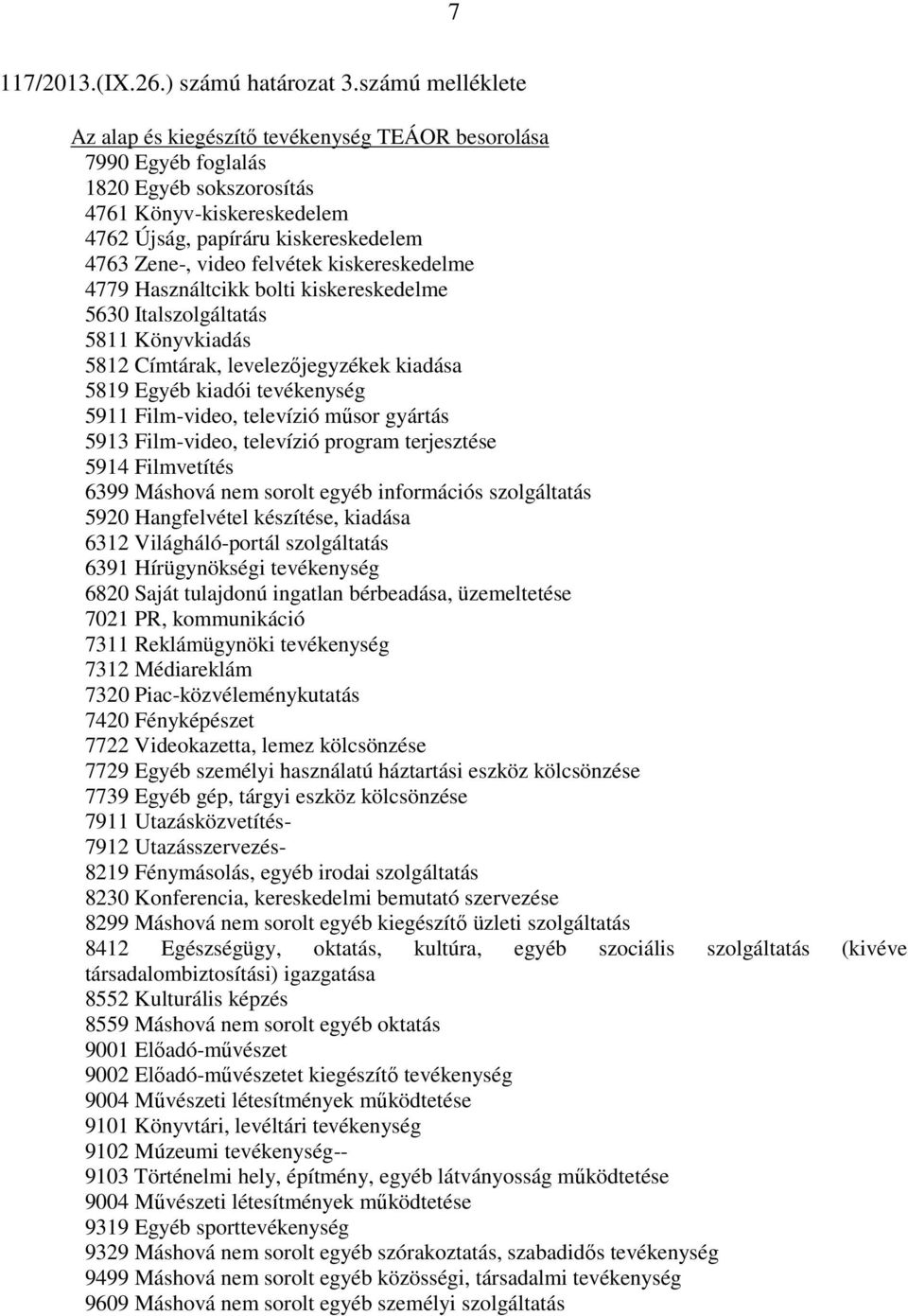 felvétek kiskereskedelme 4779 Használtcikk bolti kiskereskedelme 5630 Italszolgáltatás 5811 Könyvkiadás 5812 Címtárak, levelezőjegyzékek kiadása 5819 Egyéb kiadói tevékenység 5911 Film-video,