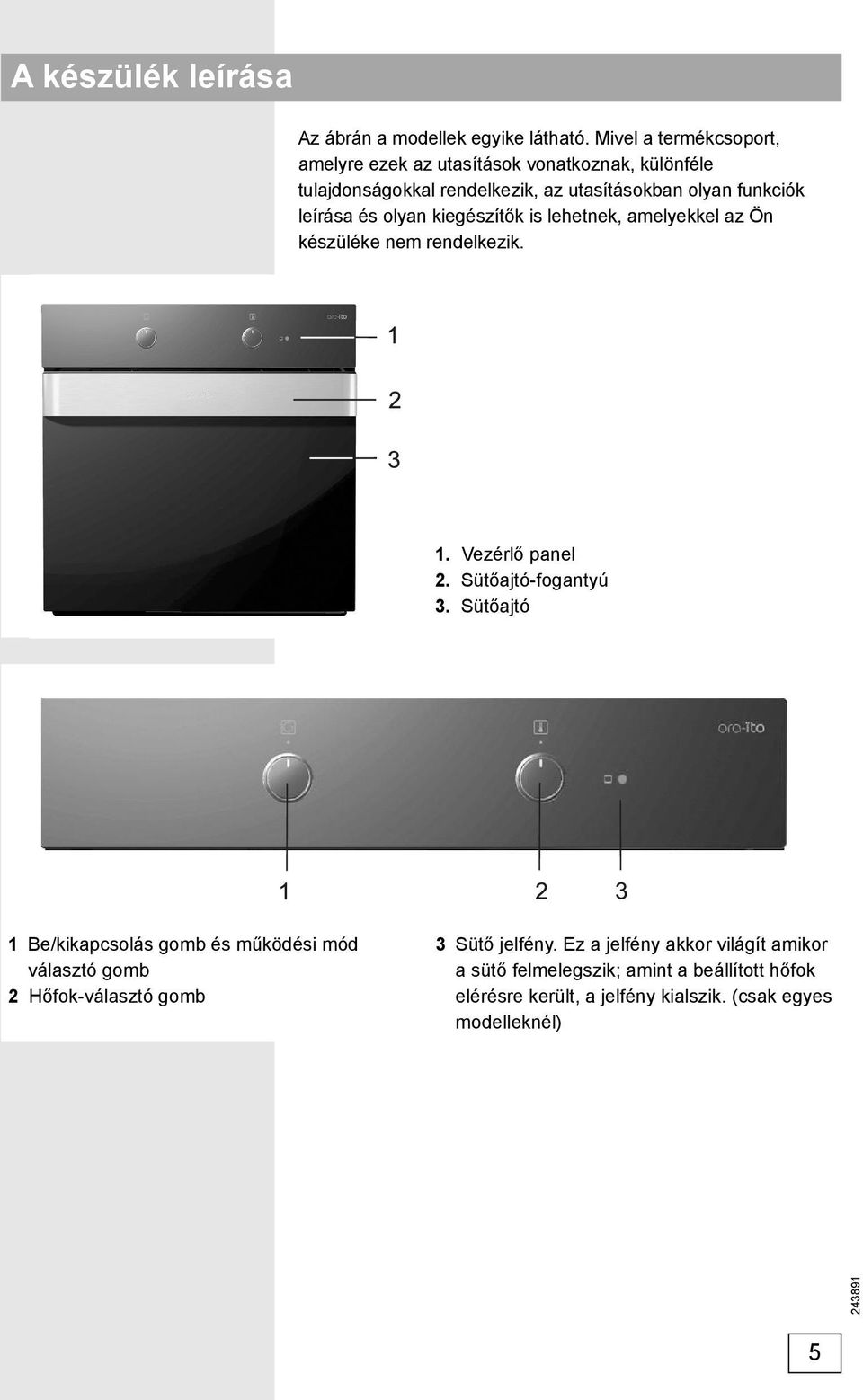 leírása és olyan kiegészítők is lehetnek, amelyekkel az Ön készüléke nem rendelkezik. 1. Vezérlő panel 2. Sütőajtó-fogantyú 3.