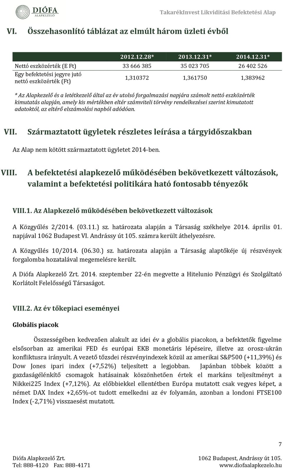 által az év utolsó forgalmazási napjára számolt nettó eszközérték kimutatás alapján, amely kis mértékben eltér számviteli törvény rendelkezései szerint kimutatott adatoktól, az eltérő elszámolási