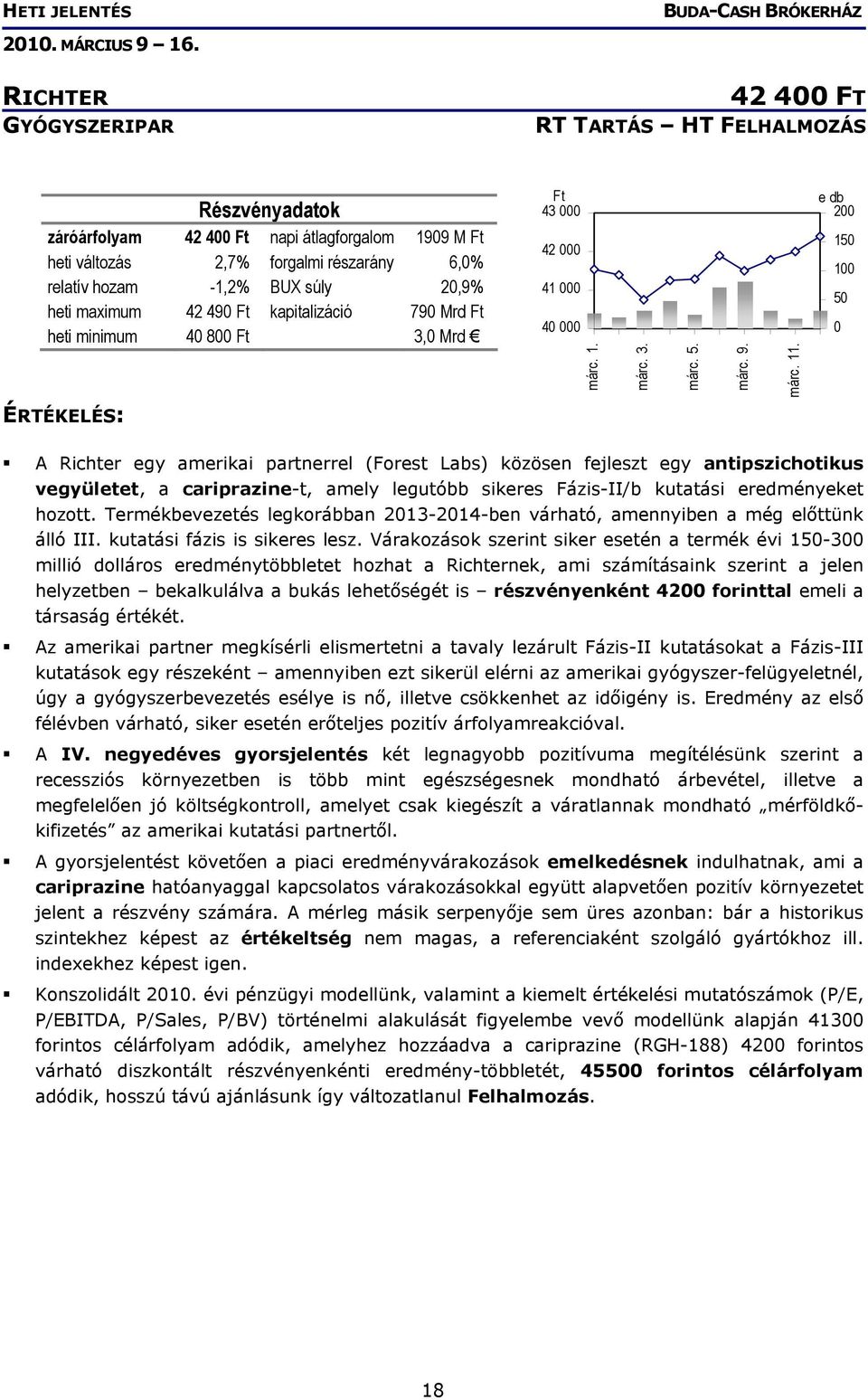 e db 200 150 100 50 0 A Richter egy amerikai partnerrel (Forest Labs) közösen fejleszt egy antipszichotikus vegyületet, a cariprazine-t, amely legutóbb sikeres Fázis-II/b kutatási eredményeket hozott.