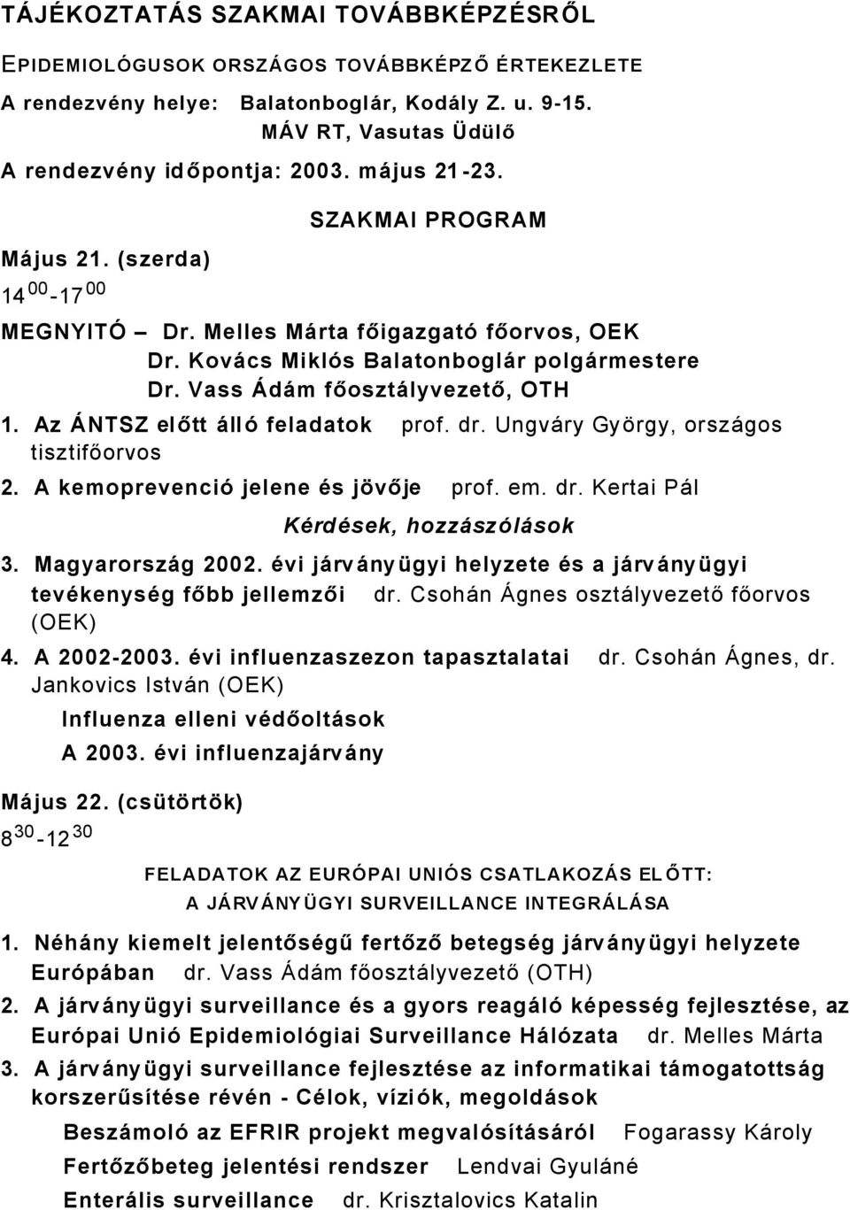 Kovåcs Miklâs Balatonboglår polgårmestere Dr. Vass Ådåm főosztålyvezető, OTH 1. Az ÅNTSZ előtt ållâ feladatok prof. dr. UngvÅry Gyárgy, orszågos tisztifőorvos. A kemoprevenciâ jelene äs jévője prof.