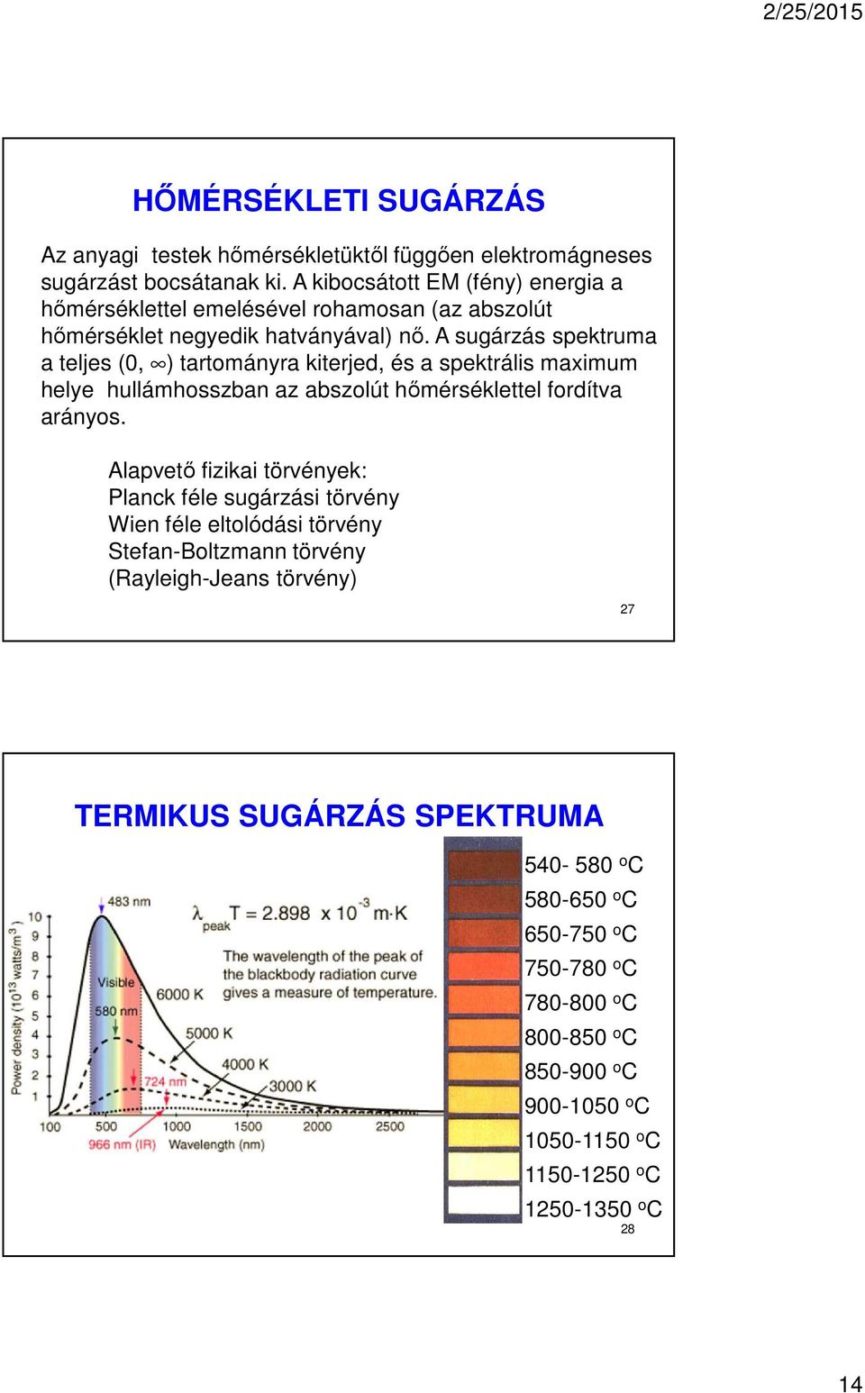 A sugárzás spektruma a teljes (0, ) tartományra kiterjed, és a spektrális maximum helye hullámhosszban az abszolút hőmérséklettel fordítva arányos.