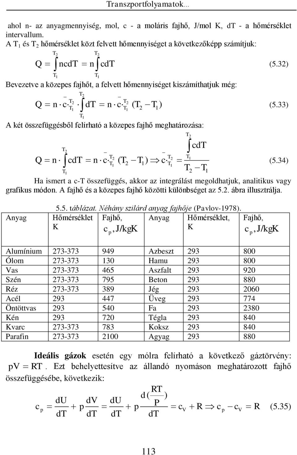 4) Ha smet a - össefüggés, akko a tegálást megoldhatjuk, aaltkus vag gafkus módo. A fajhő és a köees fajhő köött külöbséget a 5.. ába llustálja. Aag 5.5. tábláat. Néhá slád aag fajhője (Pavlov-978).