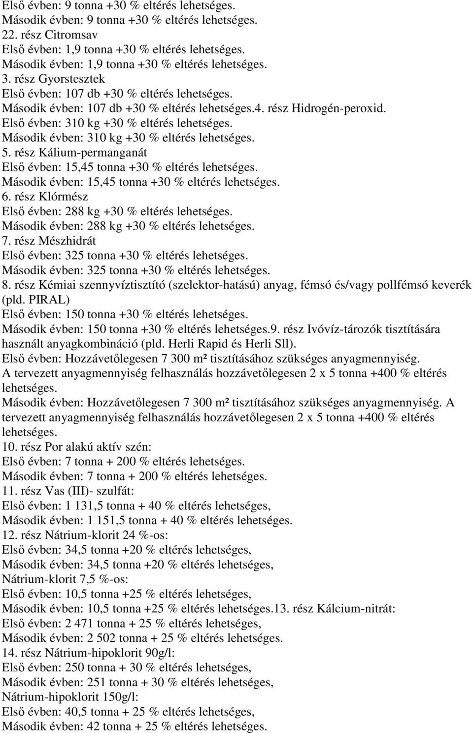 Elsı évben: 30 kg +30 % eltérés lehetséges. Második évben: 30 kg +30 % eltérés lehetséges. 5. rész Kálium-permanganát Elsı évben: 5,45 tonna +30 % eltérés lehetséges.