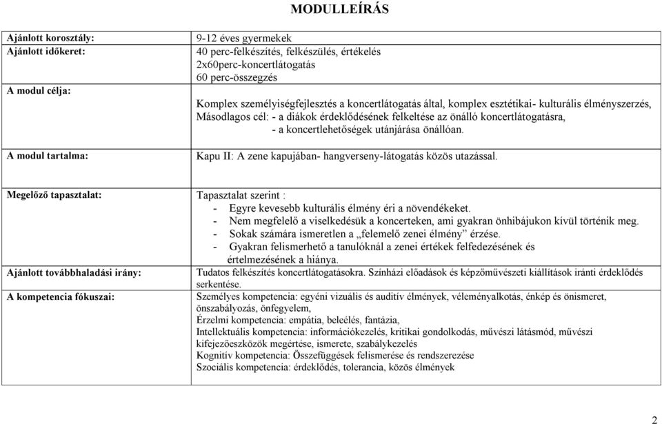 utánjárása önállóan. Kapu II: zene kapujában- hangverseny-látogatás közös utazással. Megelőző tapasztalat: Tapasztalat szerint : - Egyre kevesebb kulturális élmény éri a növendékeket.