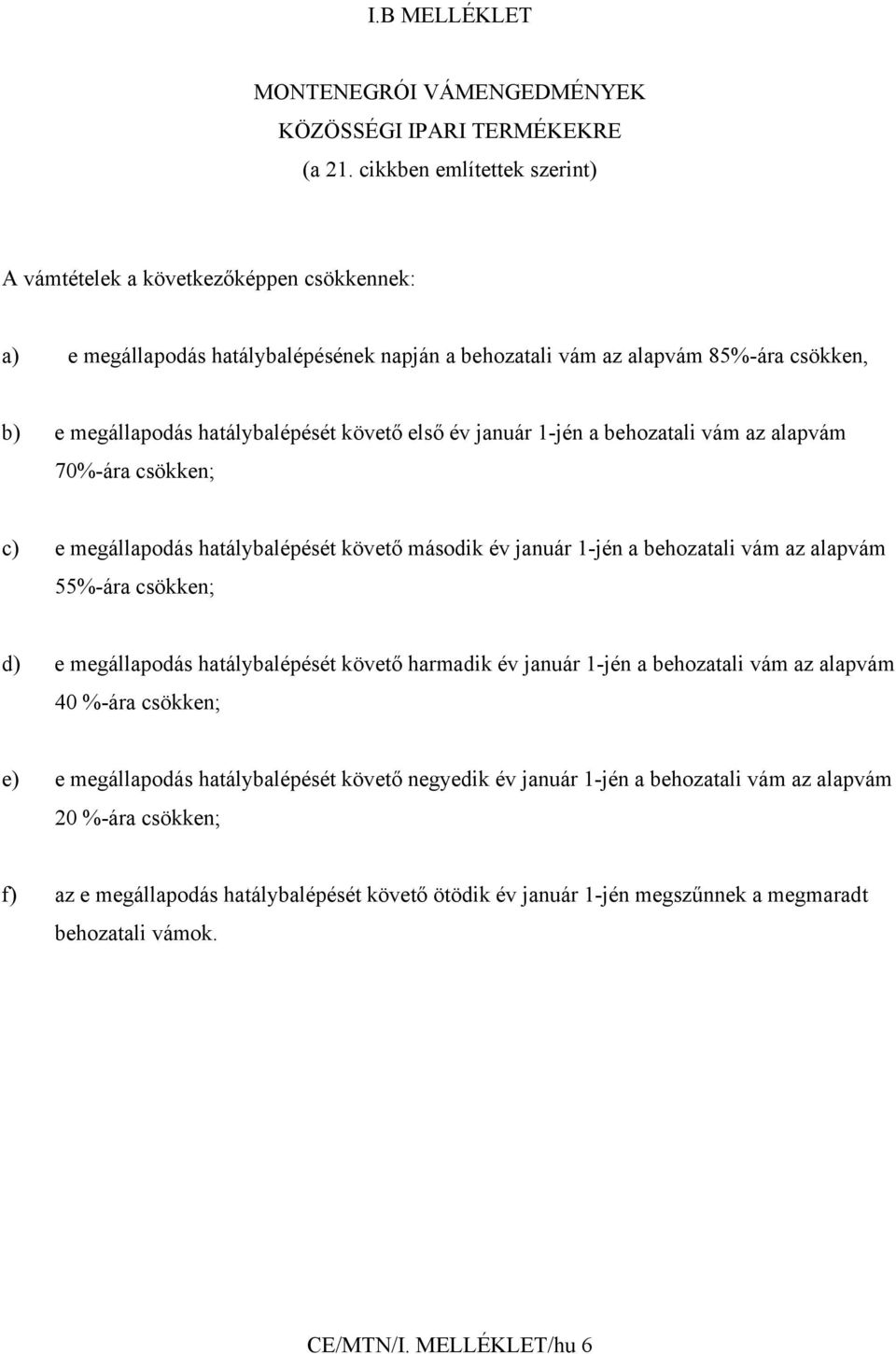 első év január 1-jén a behozatali vám az alapvám 70%-ára csökken; c) e megállapodás hatálybalépését követő második év január 1-jén a behozatali vám az alapvám 55%-ára csökken; d) e megállapodás