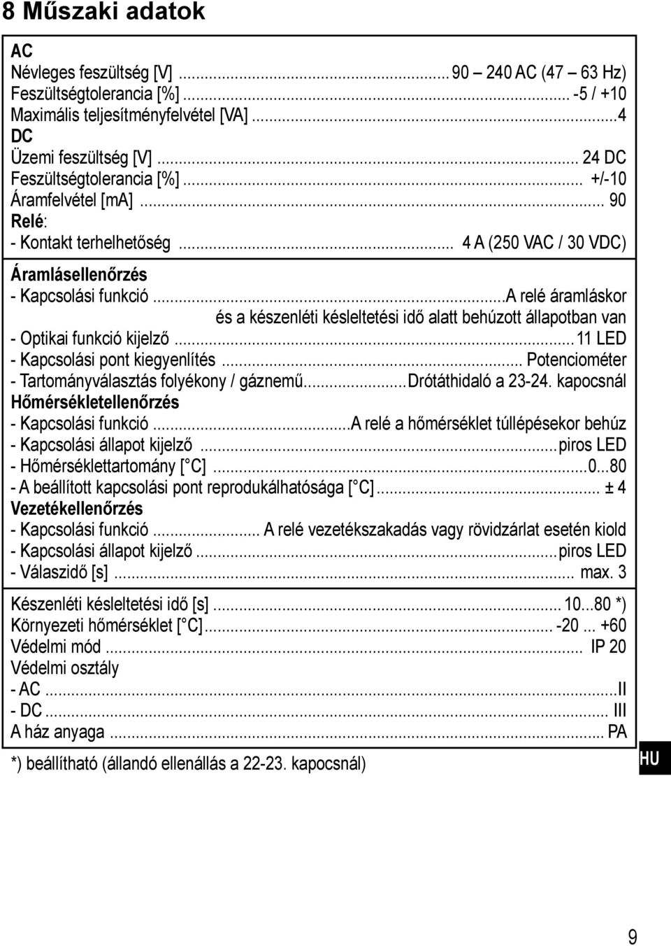 ..a relé áramláskor és a készenléti késleltetési idő alatt behúzott állapotban van - Optikai funkció kijelző...11 LED - Kapcsolási pont kiegyenlítés.