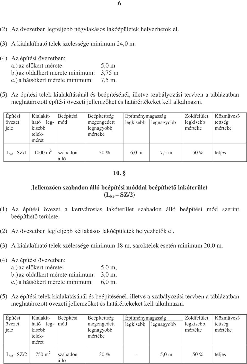 (5) Az építési telek kialakításánál és beépítésénél, illetve szabályozási tervben a táblázatban meghatározott építési övezeti jellemzket és határértékeket kell alkalmazni.