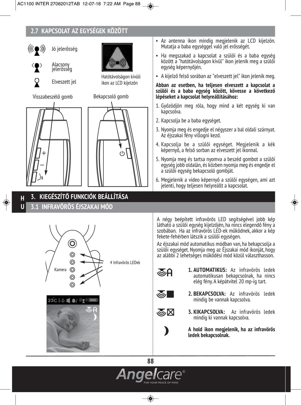 1 INFRAVÖRÖS ÉJSZAKAI MÓD Az antenna ikon mindig megjelenik az LCD kijelzőn. Mutatja a baba egységgel való jel erősségét.