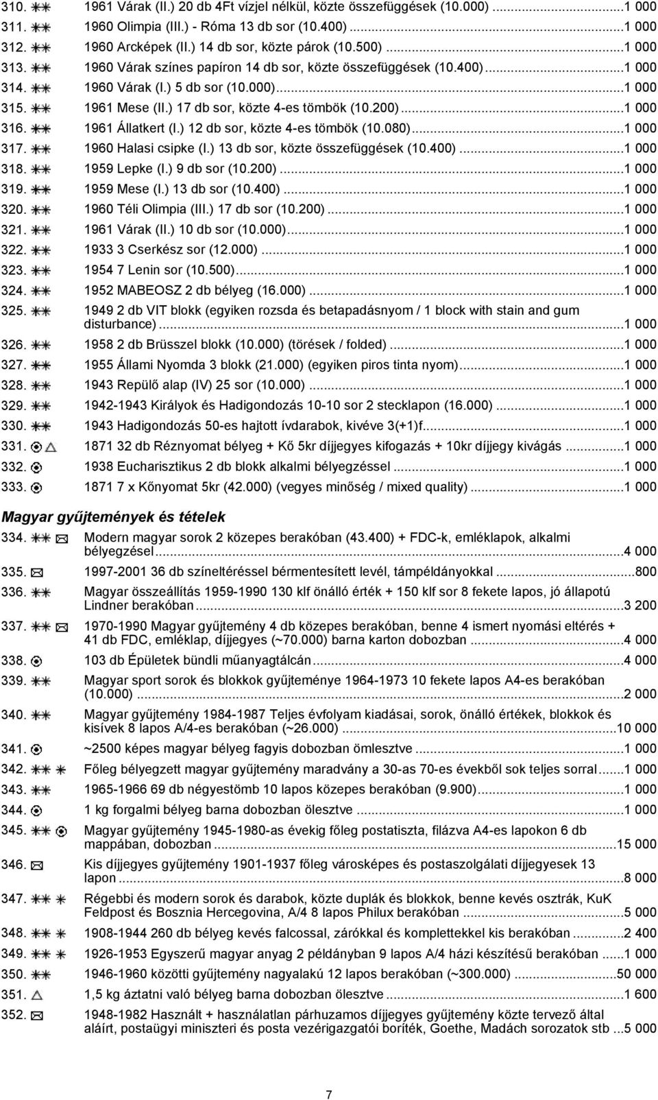 ..1 000 316. 1961 Állatkert (I.) 12 db sor, közte 4-es tömbök (10.080)...1 000 317. 1960 Halasi csipke (I.) 13 db sor, közte összefüggések (10.400)...1 000 318. 1959 Lepke (I.) 9 db sor (10.200).