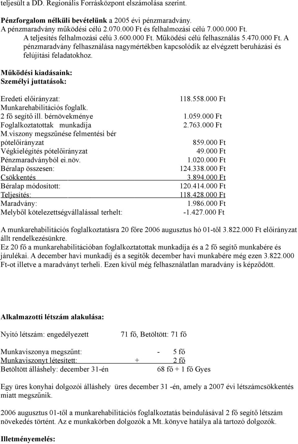 Működési kiadásaink: Személyi juttatások: Eredeti előirányzat: 118.558.000 Ft Munkarehabilitációs foglalk. 2 fő segítő ill. bérnövekménye 1.059.000 Ft Foglalkoztatottak munkadíja 2.763.000 Ft M.viszony megszűnése felmentési bér pótelőirányzat 859.