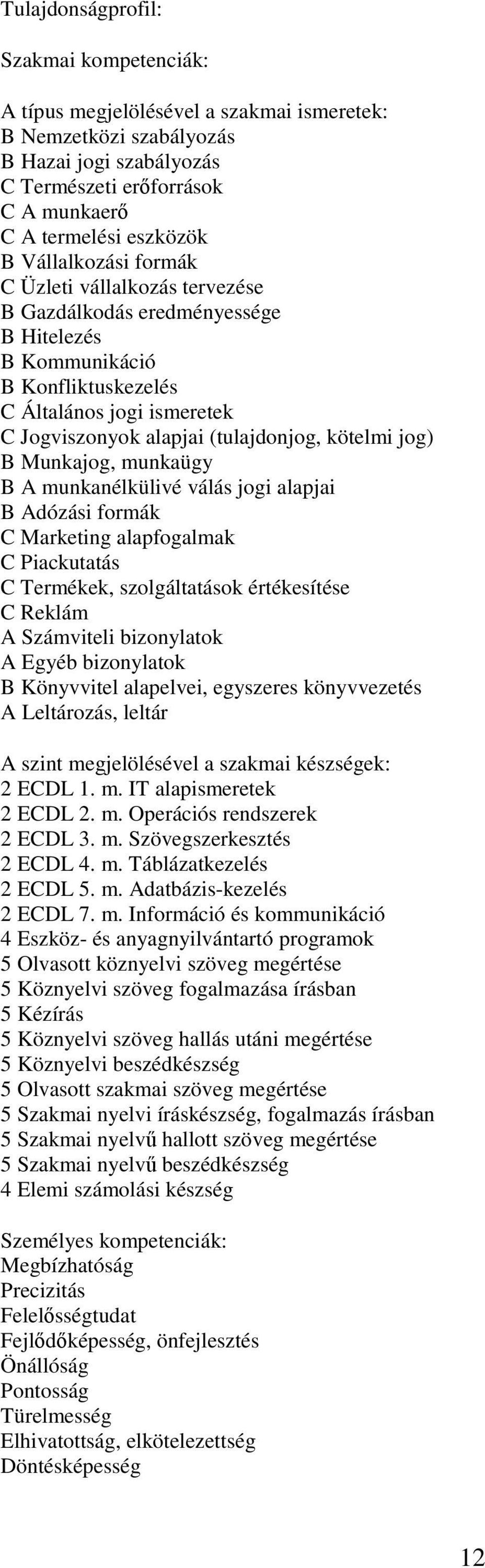 jog) B Munkajog, munkaügy B A munkanélkülivé válás jogi alapjai B Adózási formák C Marketing alapfogalmak C Piackutatás C Termékek, szolgáltatások értékesítése C Reklám A Számviteli bizonylatok A