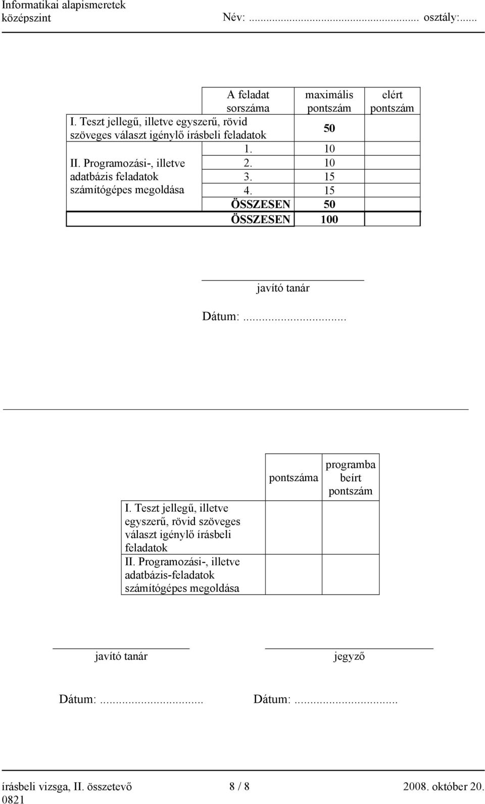 15 ÖSSZESEN 50 ÖSSZESEN 100 elért pontszám javító tanár Dátum:... I.