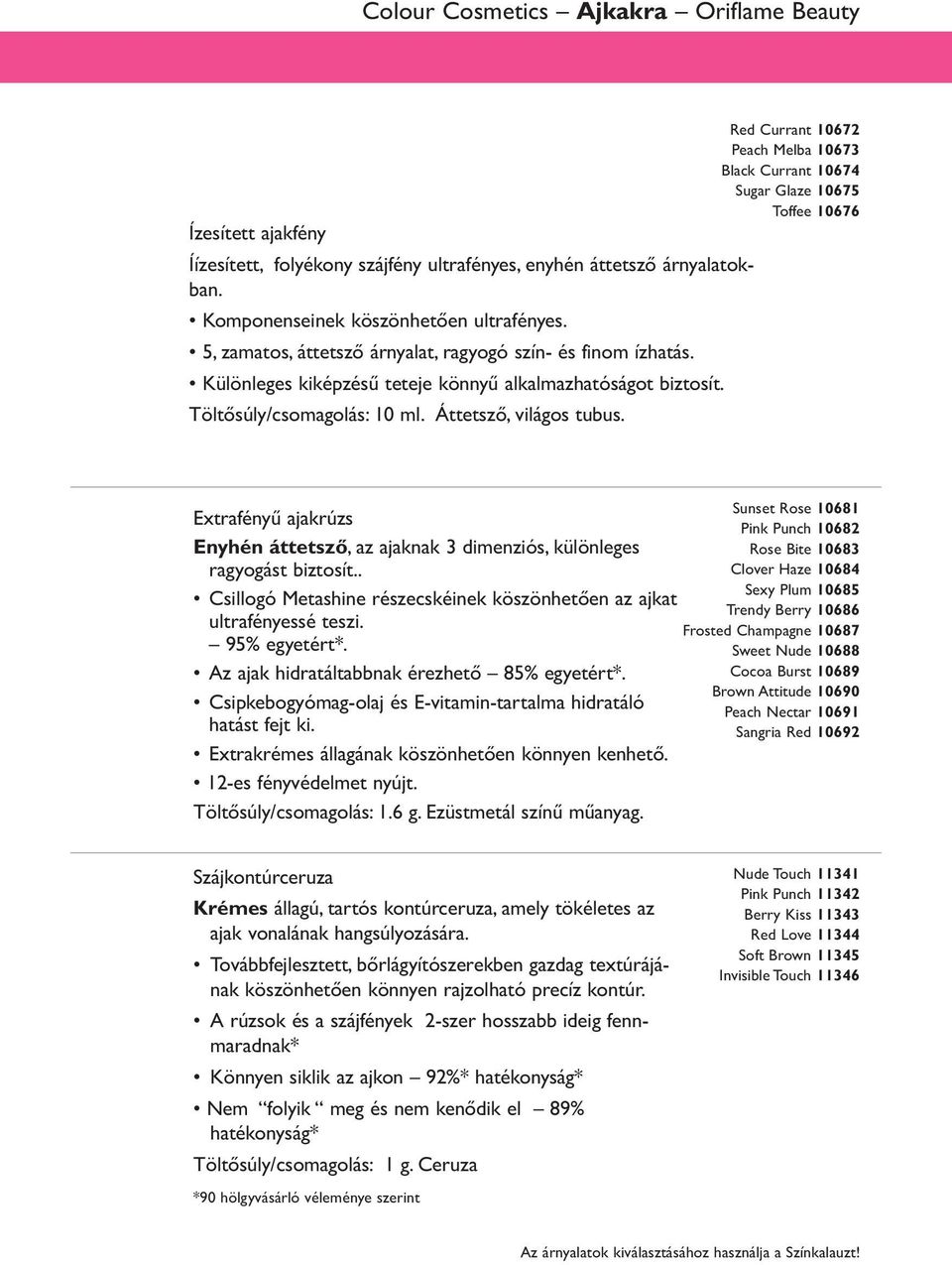 Red Currant 10672 Peach Melba 10673 Black Currant 10674 Sugar Glaze 10675 Toffee 10676 Extrafényű ajakrúzs Enyhén áttetsző, az ajaknak 3 dimenziós, különleges ragyogást biztosít.