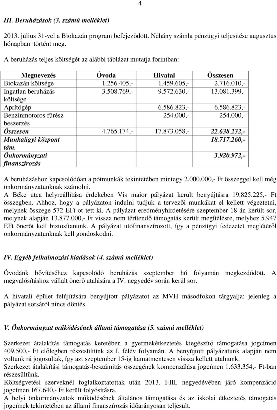 630,- 13.081.399,- költsége Aprítógép 6.586.823,- 6.586.823,- Benzinmotoros fűrész 254.000,- 254.000,- beszerzés Összesen 4.765.174,- 17.873.058,- 22.638.232,- Munkaügyi központ 18.717.260,- tám.