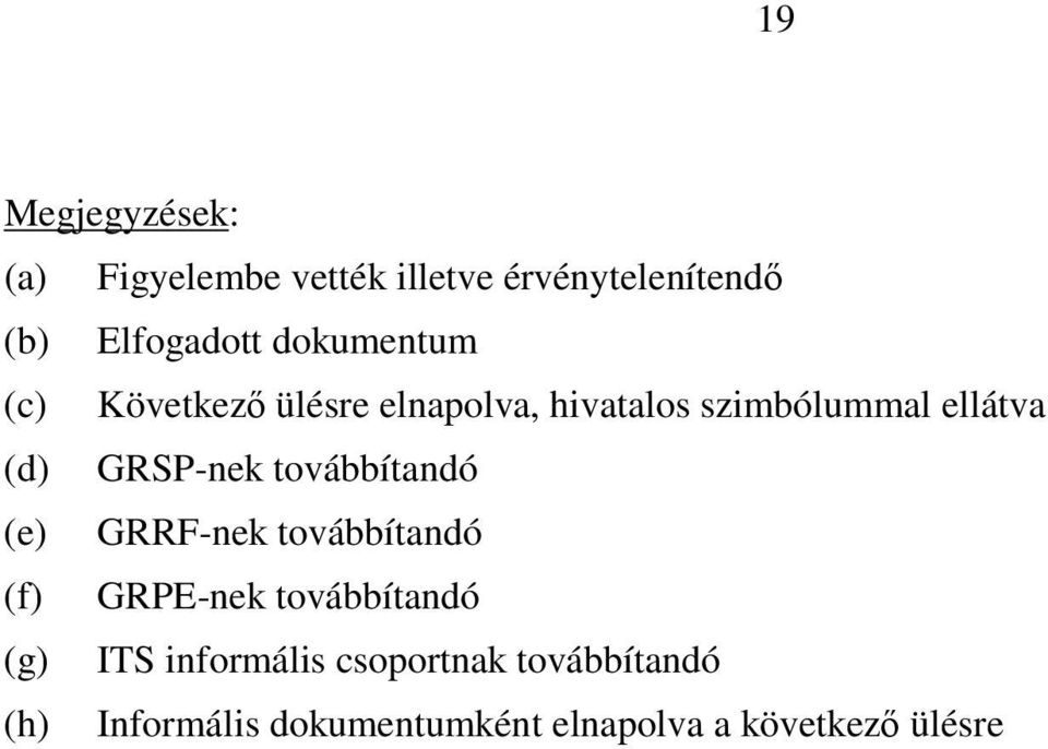 GRSP-nek továbbítandó (e) GRRF-nek továbbítandó (f) GRPE-nek továbbítandó (g) ITS