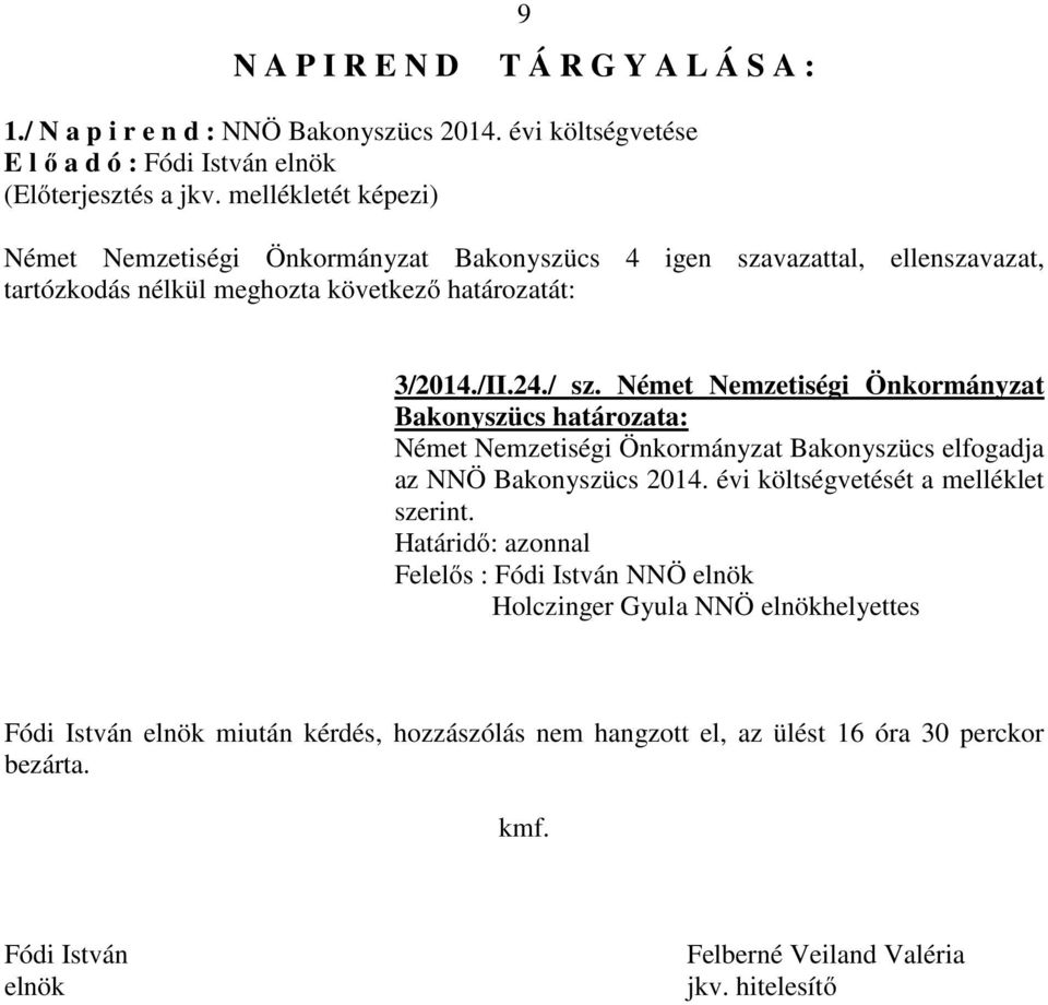 /II.24./ sz. Német Nemzetiségi Önkormányzat elfogadja az NNÖ Bakonyszücs 2014. évi költségvetését a melléklet szerint.