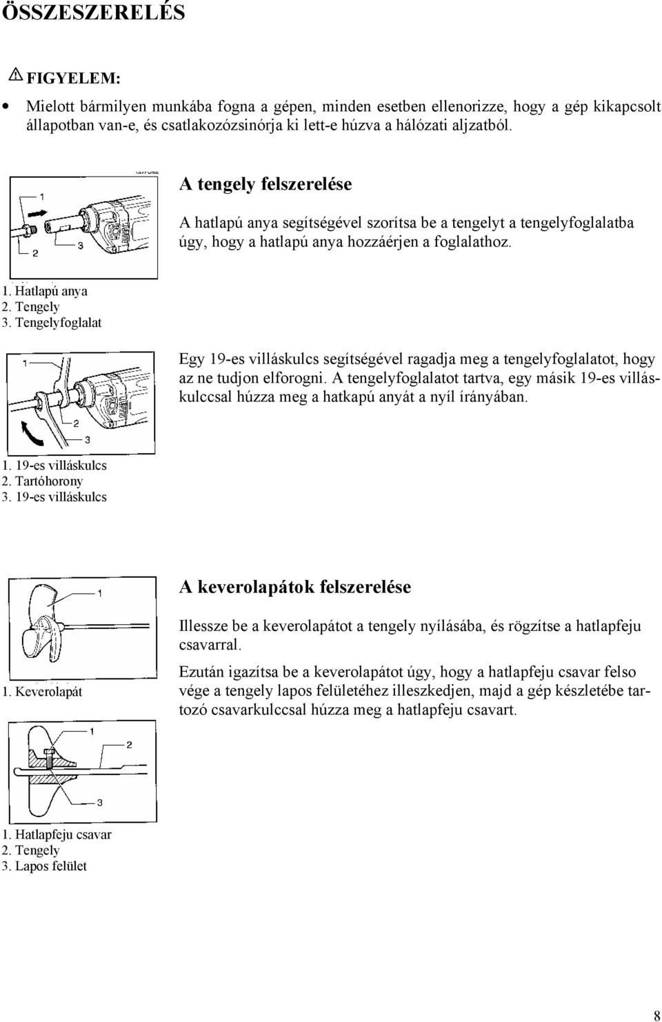 Tengelyfoglalat Egy 19-es villáskulcs segítségével ragadja meg a tengelyfoglalatot, hogy az ne tudjon elforogni.