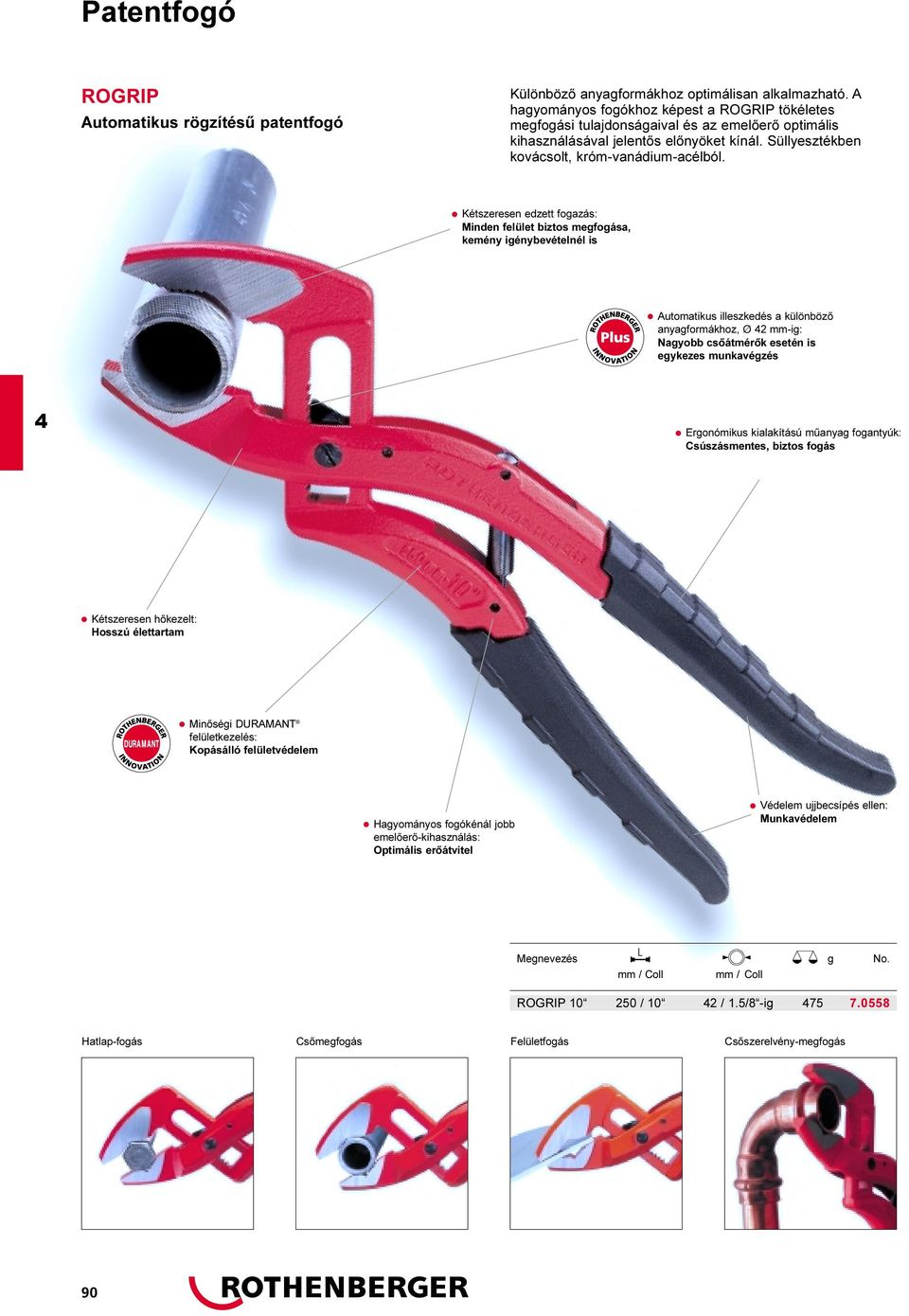 Kétszeresen edzett fogazás: Minden felület biztos megfogása, kemény igénybevételnél is Automatikus illeszkedés a különbözõ anyagformákhoz, Ø 2 mmig: Nagyobb csõátmérõk esetén is egykezes munkavégzés
