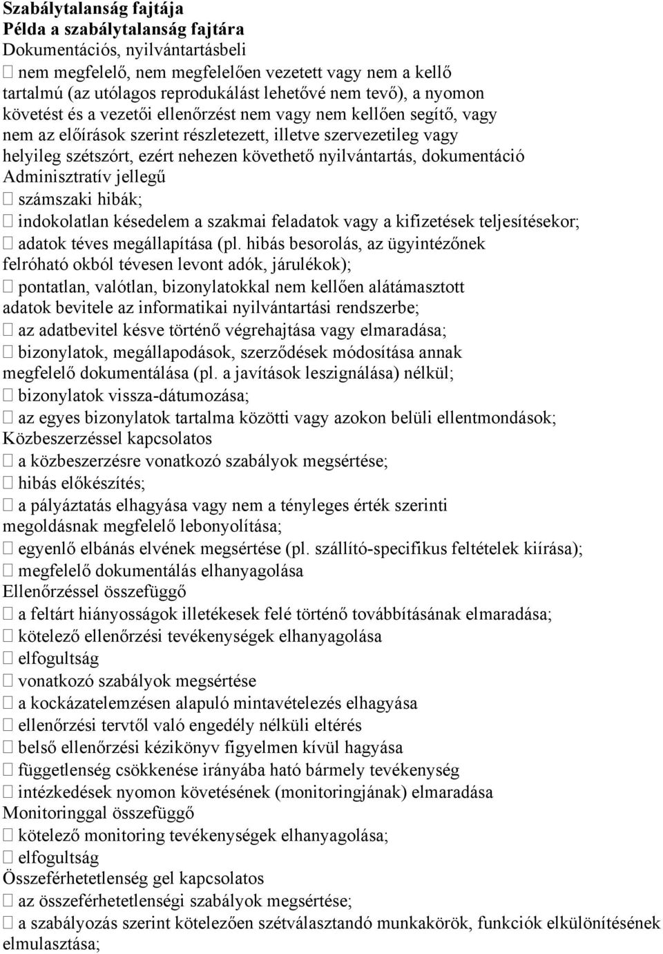 nyilvántartás, dokumentáció Adminisztratív jellegű számszaki hibák; indokolatlan késedelem a szakmai feladatok vagy a kifizetések teljesítésekor; adatok téves megállapítása (pl.