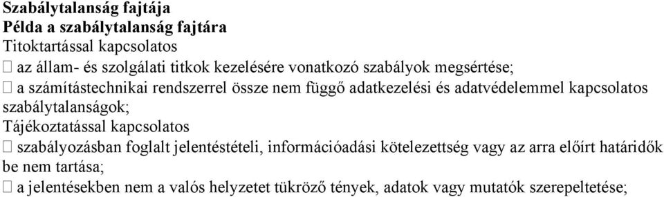 szabálytalanságok; Tájékoztatással kapcsolatos szabályozásban foglalt jelentéstételi, információadási kötelezettség vagy az