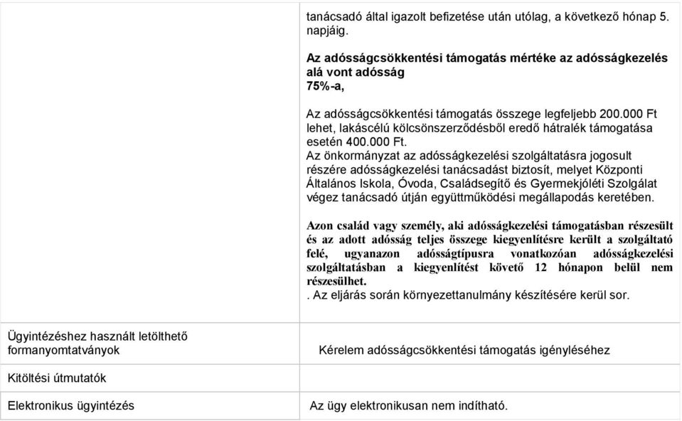 000 lehet, lakáscélú kölcsönszerződésből eredő hátralék támogatása esetén 400.000. Az önkormányzat az adósságkezelési szolgáltatásra jogosult részére adósságkezelési tanácsadást biztosít, melyet