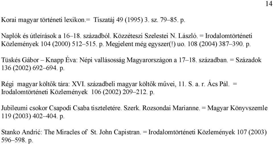 században. = Századok 136 (2002) 692 694. p. Régi magyar költők tára: XVI. századbeli magyar költők művei, 11. S. a. r. Ács Pál. = Irodalomtörténeti Közlemények 106 (2002) 209 212.