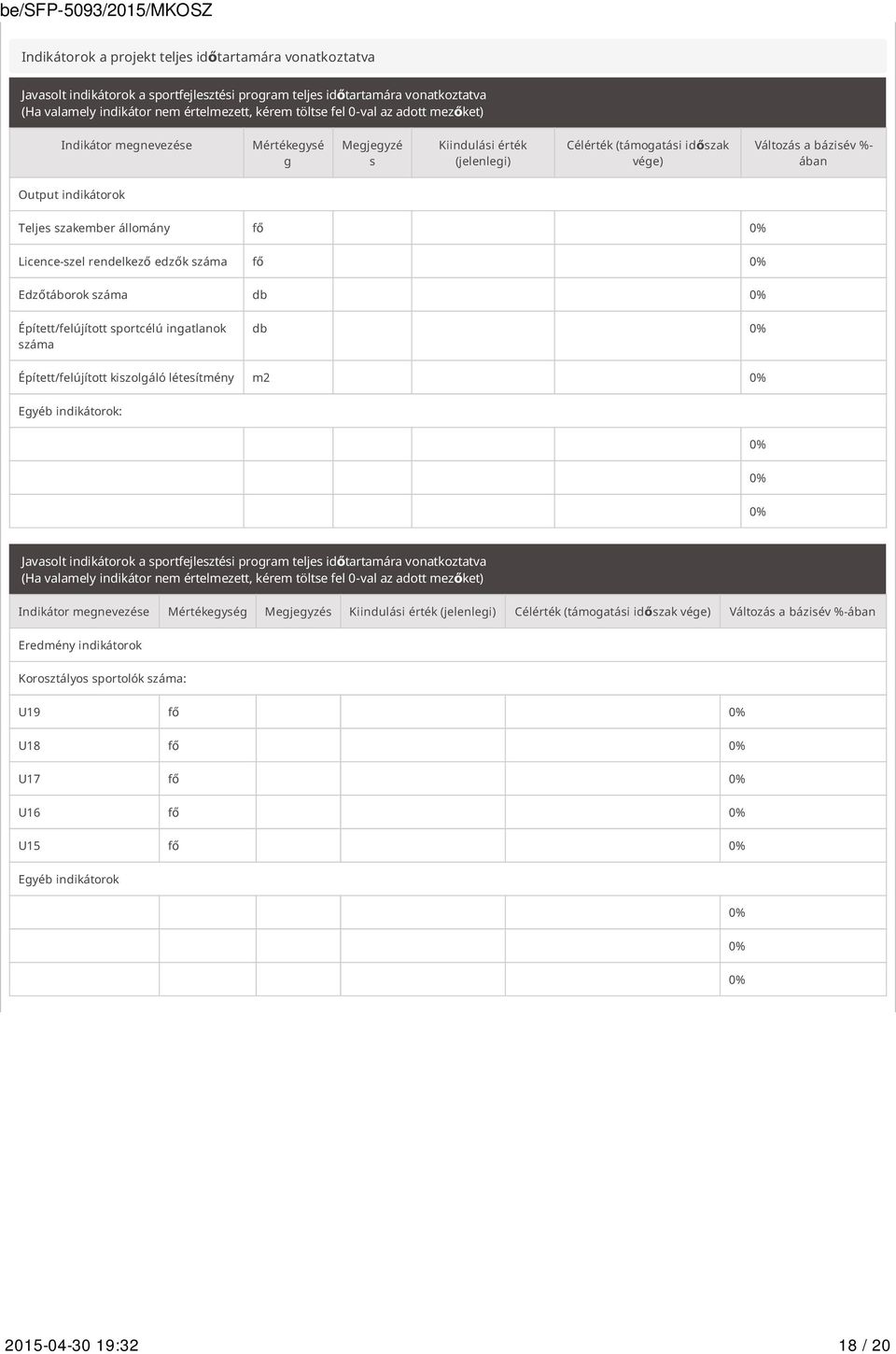 állomány fő 0% Licence-szel rendelkező edzők száma fő 0% Edzőtáborok száma db 0% Épített/felújított sportcélú ingatlanok száma db 0% Épített/felújított kiszolgáló létesítmény m2 0% Egyéb indikátorok: