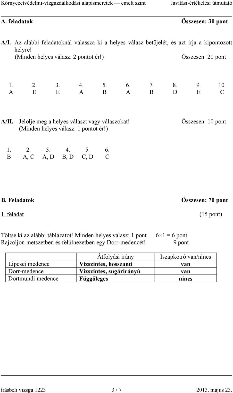 Feladatok Összesen: 70 pont 1. feladat (15 pont) Töltse ki az alábbi táblázatot! Minden helyes válasz: 1 pont Rajzoljon metszetben és felülnézetben egy Dorr-medencét!