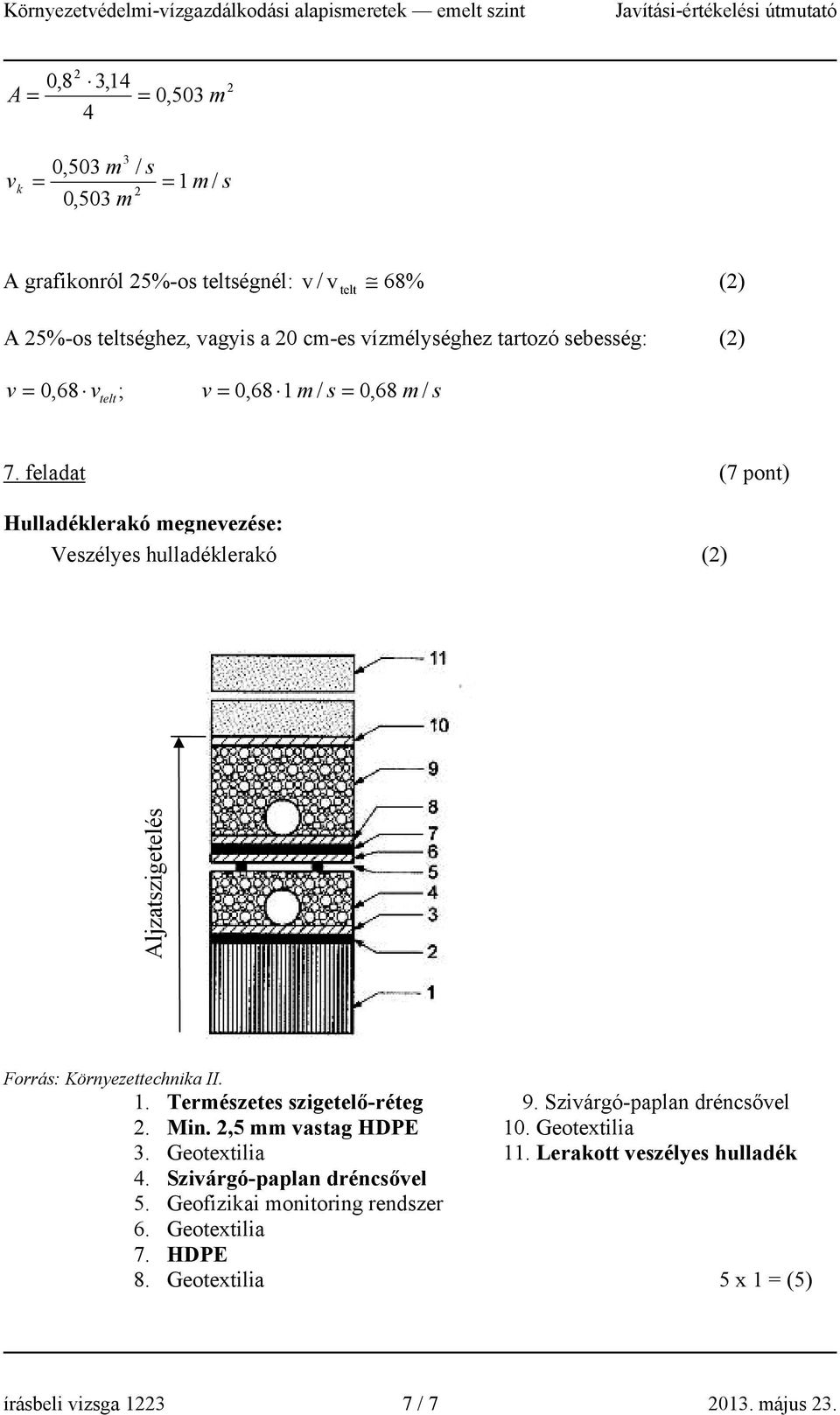 feladat (7 pont) Hulladéklerakó megnevezése: Veszélyes hulladéklerakó () Aljzatszigetelés Forrás: Környezettechnika II. 1. Természetes szigetelő-réteg 9.