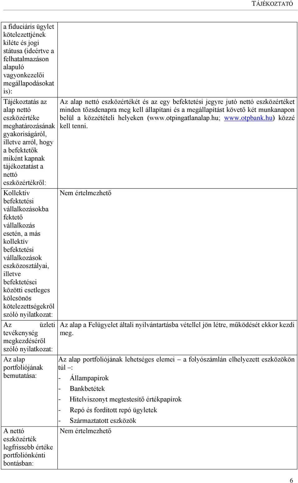 vállalkozások eszközosztályai, illetve befektetései közötti esetleges kölcsönös kötelezettségekről szóló nyilatkozat: Az üzleti tevékenység megkezdéséről szóló nyilatkozat: Az alap portfoliójának