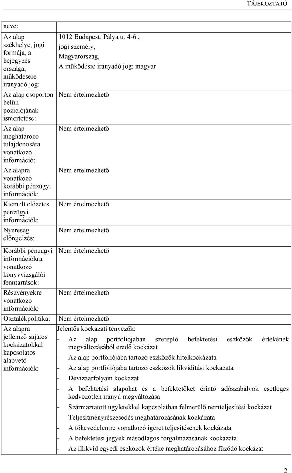 vonatkozó információk: Osztalékpolitika: Az alapra jellemző sajátos kockázatokkal kapcsolatos alapvető információk: 1012 Budapest, Pálya u. 4-6.