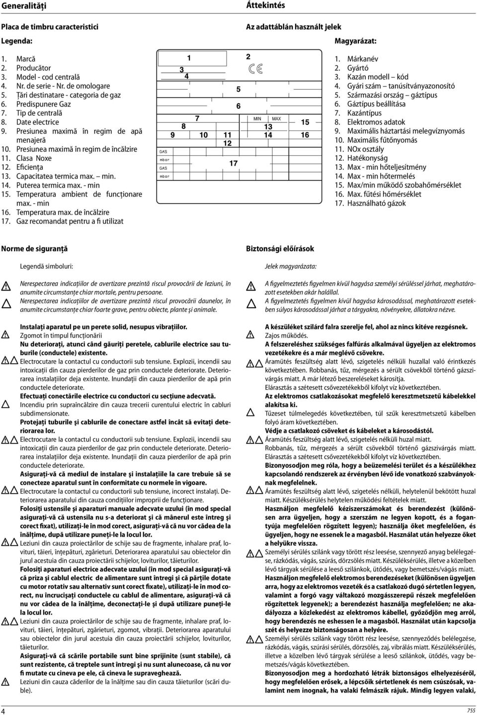 Eficienţa 13. Capacitatea termica max. min. 14. Puterea termica max. - min 15. Temperatura ambient de funcţionare max. - min 16. Temperatura max. de încălzire 17.