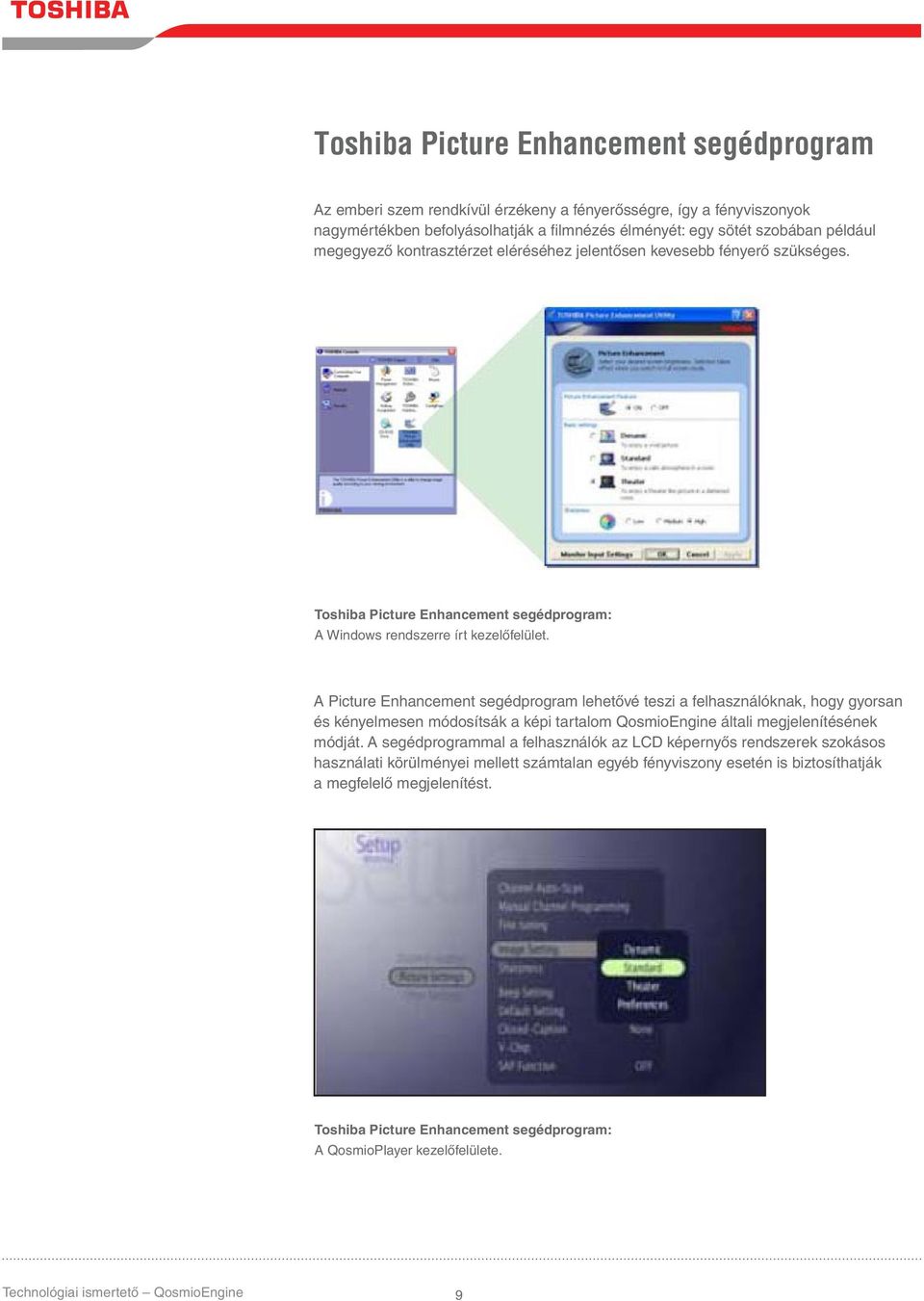 A Picture Enhancement segédprogram lehetővé teszi a felhasználóknak, hogy gyorsan és kényelmesen módosítsák a képi tartalom QosmioEngine általi megjelenítésének módját.