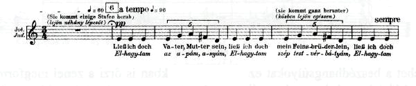 130 2.4.-8a, b 327 329, 555 556 A második kulcs átadásának és a harmadik ajtó felnyitásának pillanatában viszont a Herceg szólama veszi át Judit kötött, metszően pontozott ritmusait. 2.4.-9a, b 432 436, 557 559 Mind Judit, mind a Herceg énekstílusának létezik egy a beszéd ritmusától tökéletesen elidegenített változata is.