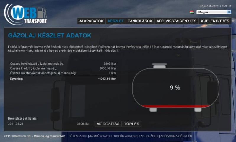 Előfordulhat, hogy a törvény által előírt 15 fokos gázolaj mennyiség korrekció miatt a bevételezett gázolaj mennyiség adatokat a helyes eredmény érdekében kézzel kell módosítani.