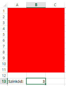 Feladat 1. Készítsünk egy makrót, amely kiszínezi az A1:C11 tartományt a B13 cellába beírt kódnak megfelelő színűre. A színkód 0-56 közötti lehet.