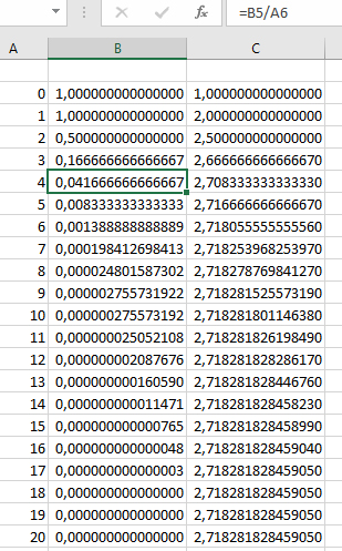 2)Definíció szerint 0!:=1 és 1!:=1 Határozzuk meg az Excel programmal az 1 0! + 1 1! + 1 2! + + 1 n!